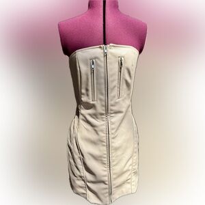 Strapless Cream Faux Leather Body-con Zip-Front Mini Dress